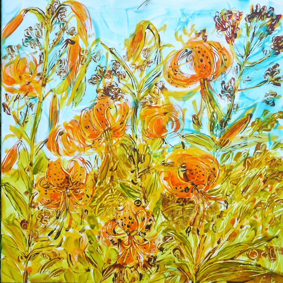 Dance of the Lilies acrylic painting by Flora Doehler 16" x 16"
