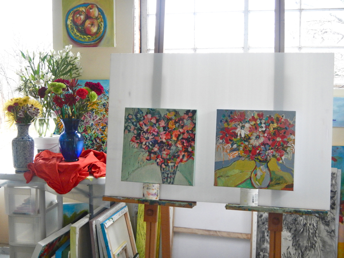 Two paintings in the studio.